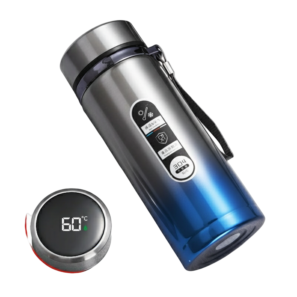 Thermos isotherme couleur cyan avec affichage LED, acier inoxydable.