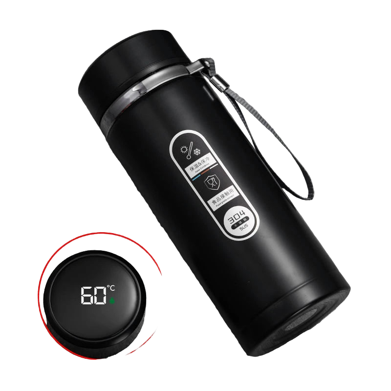 Thermos isotherme noir en acier inoxydable avec écran LED de température.