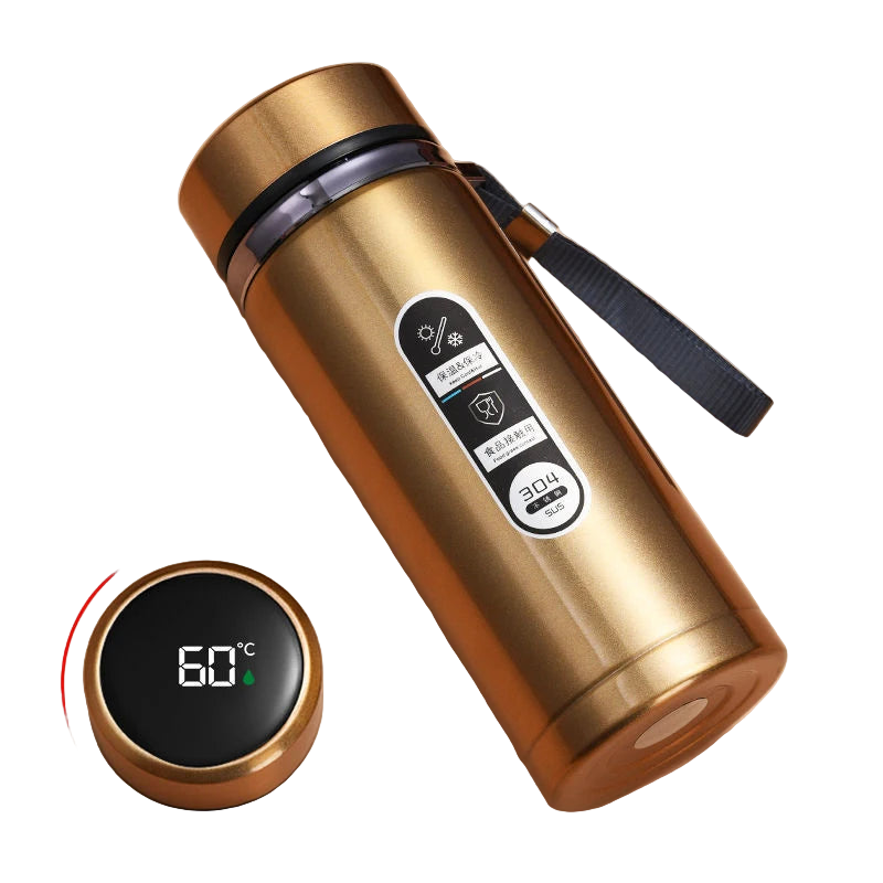 Thermos isotherme couleur or avec affichage LED, bouteille premium.